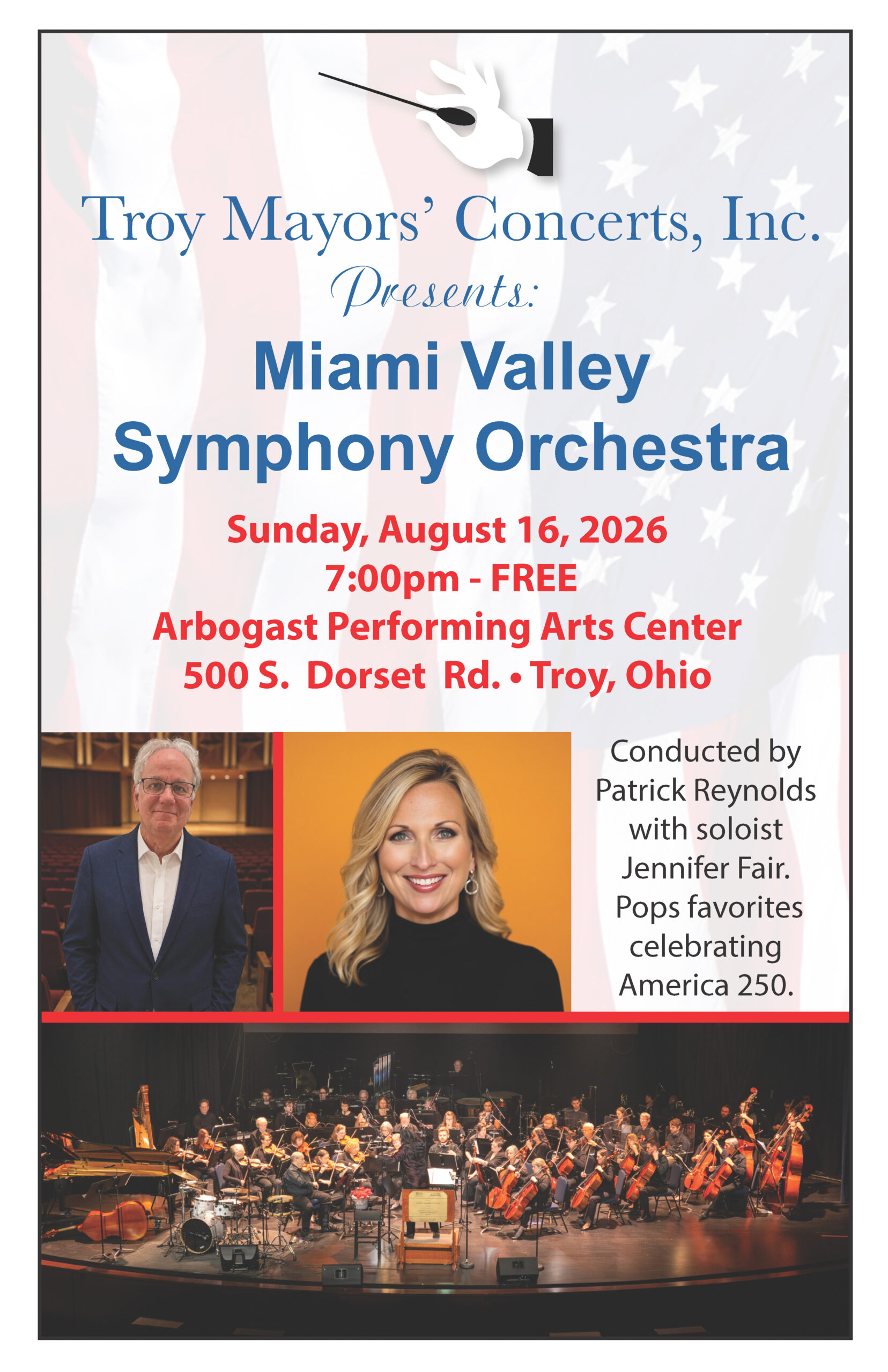 Troy Mayors' Concert featuring the Miami Valley Symphony Orchestra, Sunday August 16 2026, Arbogast Performing Arts Center, Troy Ohio
